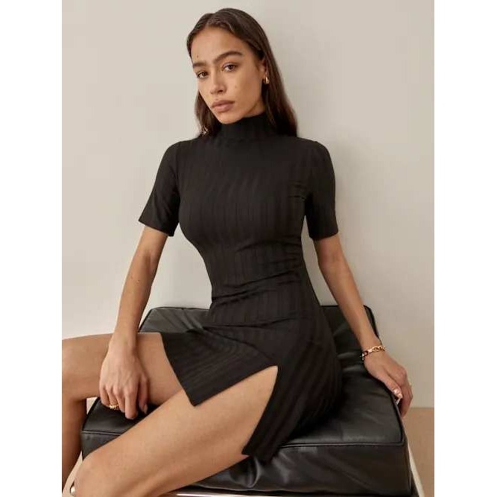 Reformation Duo Black Ribbed Mock Neck Short Sleeve Mini Dress with Slit Size M
